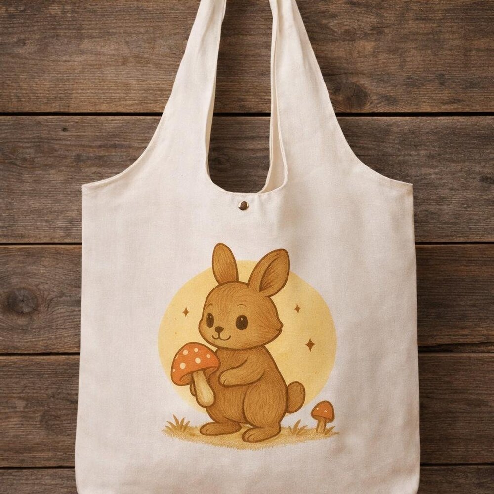Kawaii Bunny Mushroom Canvas Tote Bag | Cute Washable Reusable Shopping Bag